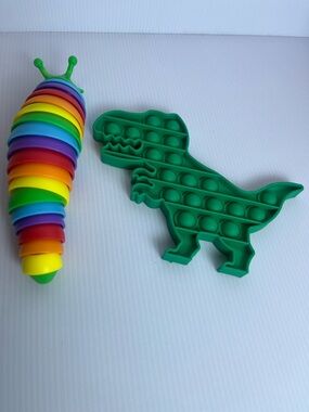 Green Dinosaur Pop-It Fidget Toy for Kids and rainbow caterpillars